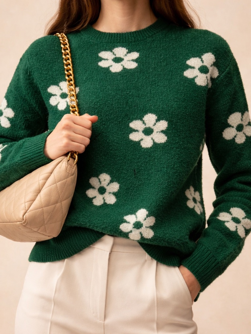 Hooked Up by IOT Green Crewneck Sweater with Cream Daisy Motif